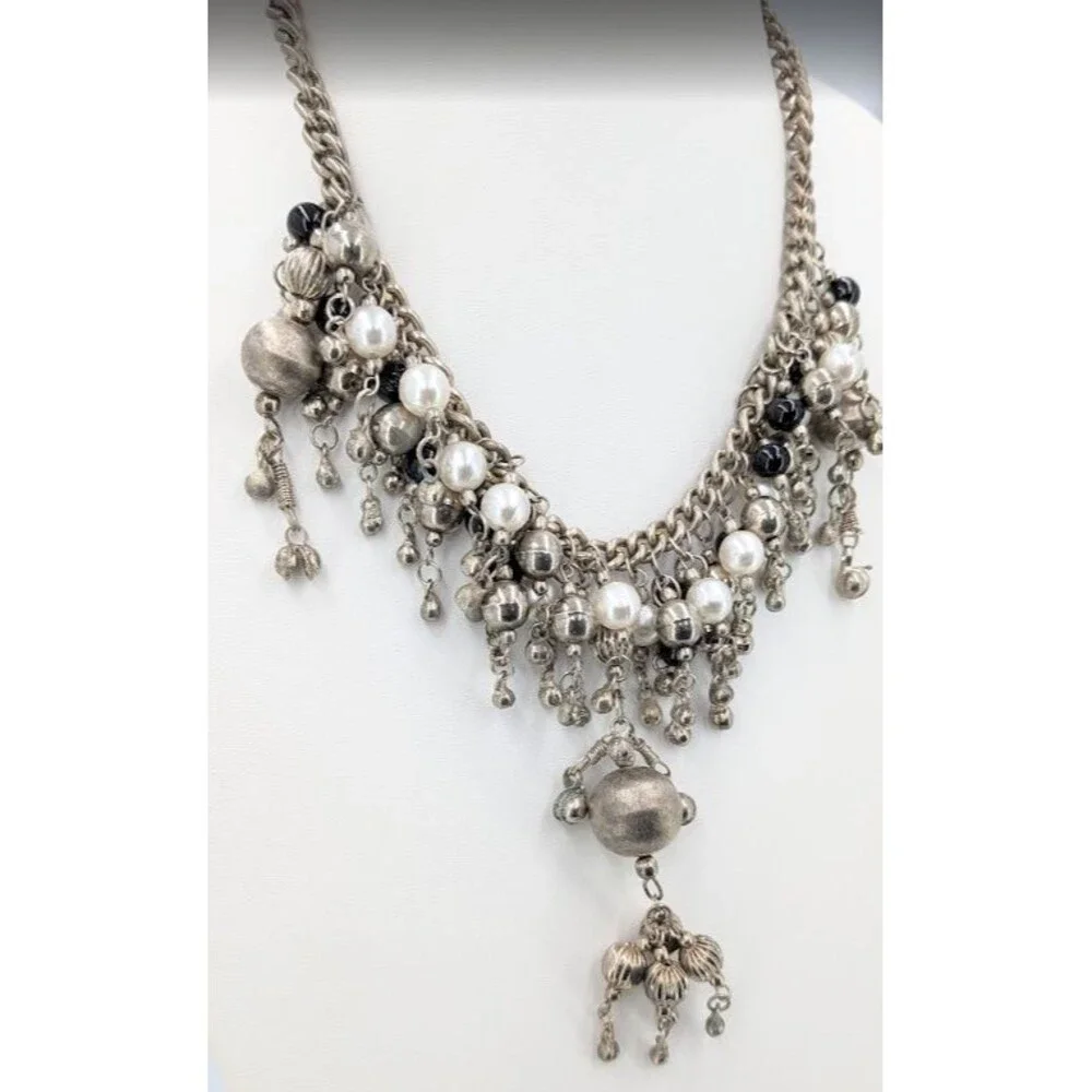 Statement Bib Necklace Silver Tone Faux Pearl Black Bead Cha Cha Charm 19 Inch